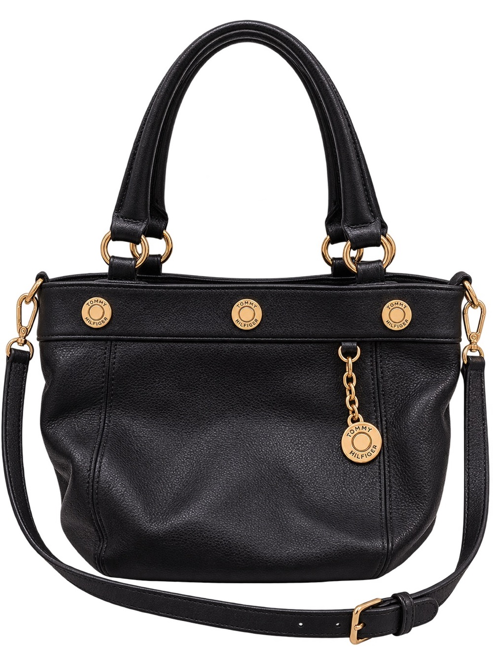 Tommy Hilfiger Black Pebbled Leather Shoulder Tote with Gold Hardware